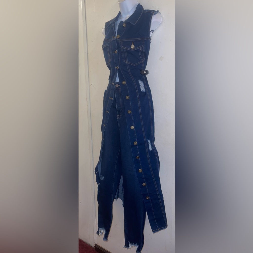 Denim Distressed Maxi Vest with Button Front and Matching Distressed Jeans - Picture 7 of 7